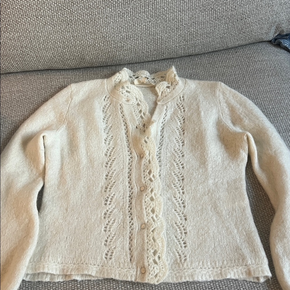 Sézane Cream Lace-Trim Button Cardigan